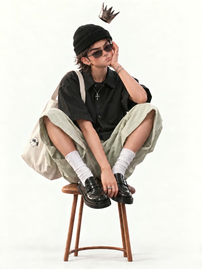 Brian’s stylized character with a black beanie and shirt, flowing dark brown hair, dark shades, white-gold jewelry, and cream shorts
