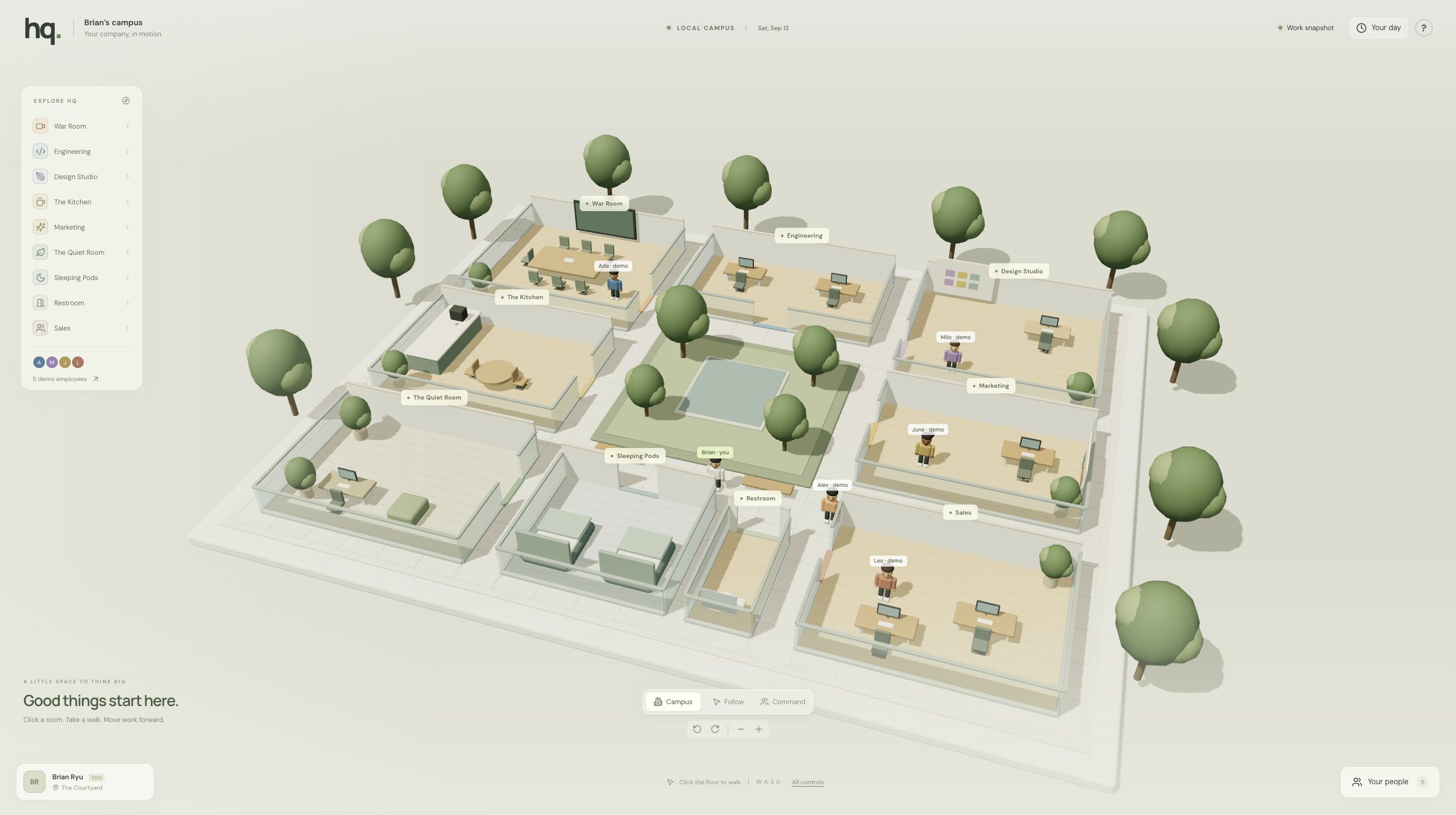 HQ prototype showing an explorable 3D office campus