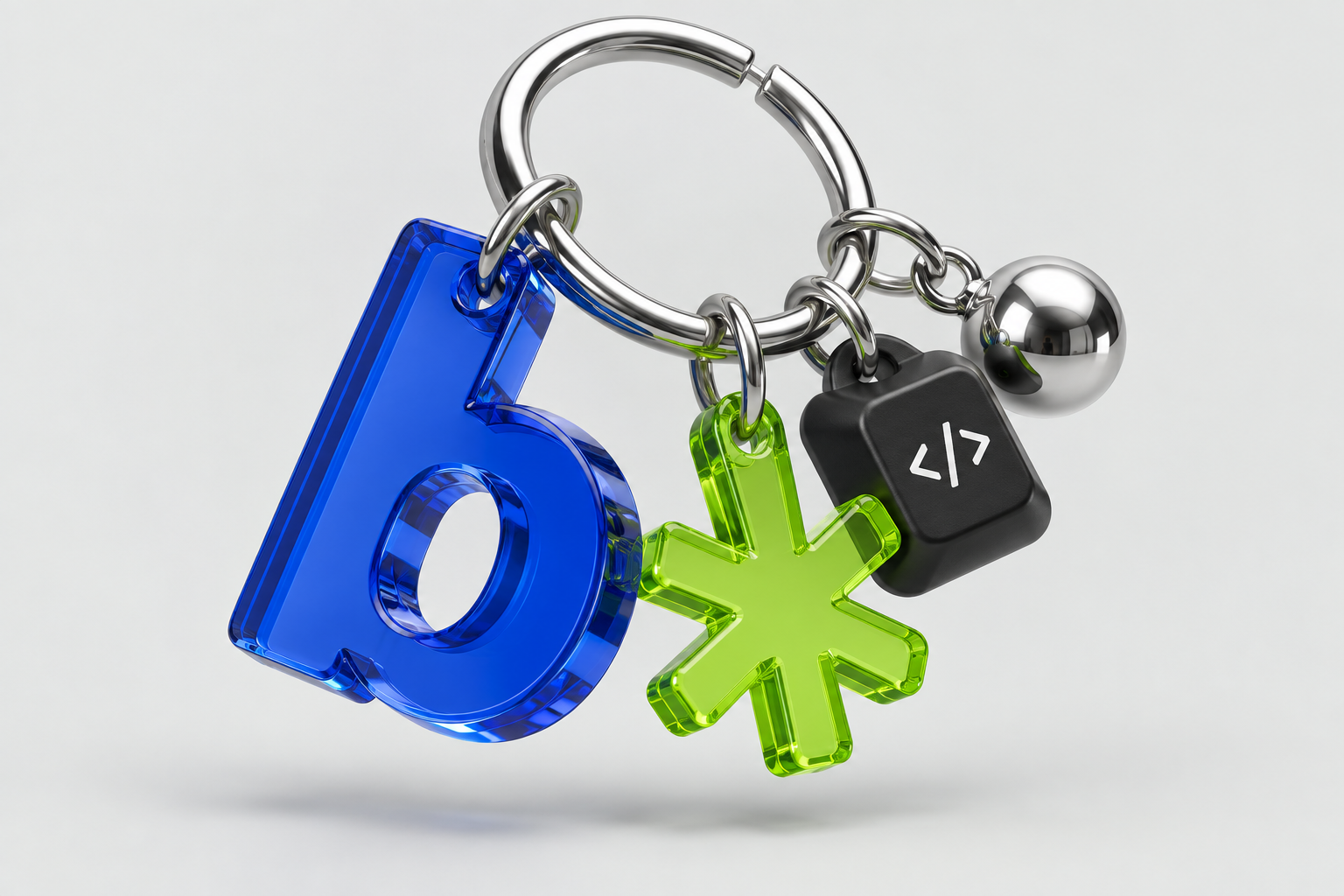 Chrome keyring with a cobalt b, lime asterisk, and code keycap